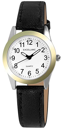 Excellanc Damen-Uhr Kunstleder Dornschließe Leuchtzeiger Analog Quarz 1900289 (schwarz weiß schwarz) von Excellanc