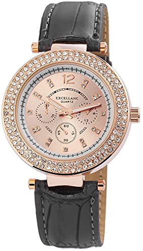 Excellanc Damen-Uhr Kunstleder Dornschließe Strass Analog Quarz 1900067 (grau roségoldfarbig) von Excellanc