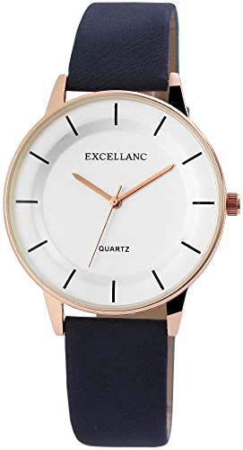 Excellanc Damen – Uhr Lederimitat Armbanduhr Analog Quarz 2910012 (dunkelblau roségoldfarbig) von Excellanc