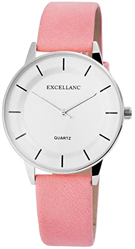 Excellanc Damen – Uhr Lederimitat Armbanduhr Analog Quarz 2910012 (rosa silberfarbig) von Excellanc