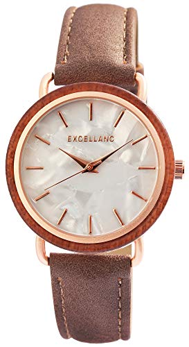 Excellanc Damen – Uhr Lederimitations Armbanduhr Holz-Ring Analog Quarz 1900244 (Braun/Roségoldfarbig) von Excellanc
