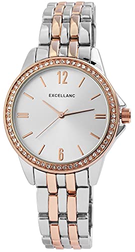 Excellanc Damen-Uhr Metall Gliederarmband Flatschließe Strass Analog 1800143 (silberfarbig roségoldfarbig) von Excellanc