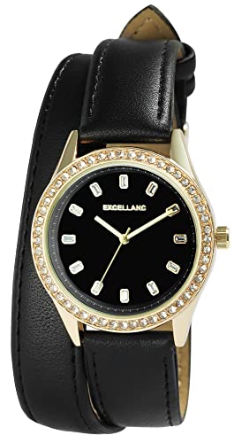 Excellanc Damen-Uhr Wickelarmband Kunstleder Dornschließe Simili Analog Quarz 1900292 (schwarz) von Excellanc