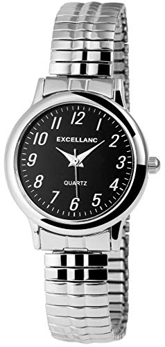 Excellanc Damen Uhr Zugband 21cm ⌀ 28mm 13mm breit gut lesbar 3-Zeiger silberfarbig schwarz modisch Geschenk für Frauen von Excellanc