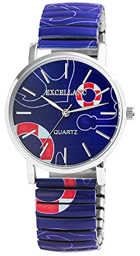 Excellanc Damen-Zugbanduhr Edelstahl Ø 36 mm Motiv Bunt Print Analog Quarz 1700060 (blau) von Excellanc