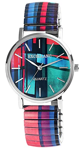 Excellanc Damen-Zugbanduhr Edelstahl Ø 36 mm Motiv Bunt Print Analog Quarz 1700060 (blau grün lila) von Excellanc