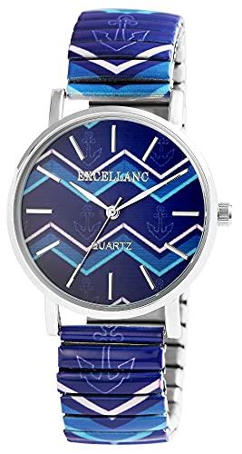 Excellanc Damen-Zugbanduhr Edelstahl Ø 36 mm Motiv Bunt Print Analog Quarz 1700060 (blau hellblau weiß) von Excellanc