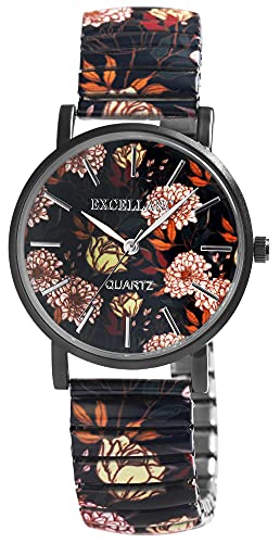 Excellanc Damen-Zugbanduhr Edelstahl Ø 36 mm Motiv Bunt Print Analog Quarz 1700060 (schwarz orange gelb) von Excellanc