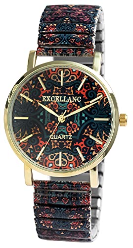 Excellanc Damen-Zugbanduhr Edelstahl Ø 36 mm Motiv Bunt Print Analog Quarz 1700060 (schwarz rot blau beige) von Excellanc