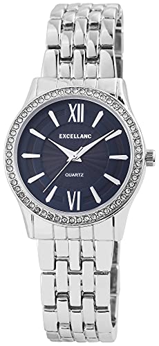 Excellanc Damen-Uhr Metall Gliederarmband Faltschließe Strass Analog Quarz 1800126 (silberfarbig blau) von Excellanc