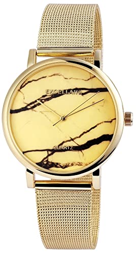 Excellanc Damen-Uhr Goldfarbig Marmor-Look Mesharmband Analog Metall Meshband Quarz Armbanduhr von Excellanc