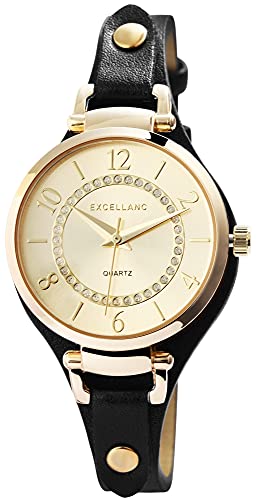 Excellanc Damen-Uhr Kunstleder Unterlegarmband Dornschließe Strass 1900239 (schwarz goldfarbig) von Excellanc