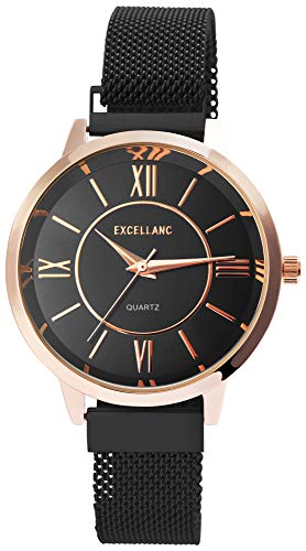 Excellanc Damen-Uhr Milanaisearmband Edelstahl Magnetverschluss Quarz Analog 1300032 (schwarz) von Excellanc