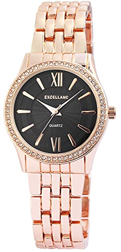 Excellanc Damen-Uhr Metall Gliederarmband Faltschließe Strass Analog Quarz 1800126 (roségoldfarbig schwarz) Excellanc Damen-Uhr Metall Gliederarmband Faltschließe Strass Analog Quarz 1800126 (roségoldfarbig schwarz) von Excellanc