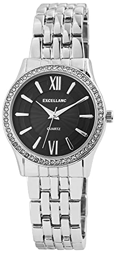 Excellanc Damen-Uhr Metall Gliederarmband Faltschließe Strass Analog Quarz 1800126 (silberfarbig schwarz) von Excellanc