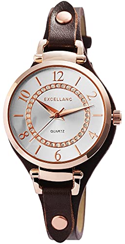 Excellanc Damen-Uhr Kunstleder Unterlegarmband Dornschließe Strass 1900239 (braun roségoldfarbig) von Excellanc