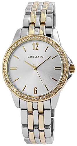 Excellanc Damen-Uhr Metall Gliederarmband Flatschließe Strass Analog 1800143 (silberfarbig goldfarbig) von Excellanc