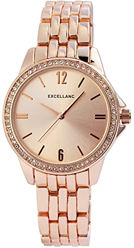 Excellanc Damen-Uhr Metall Gliederarmband Flatschließe Strass Analog 1800143 (roségoldfarbig) von Excellanc