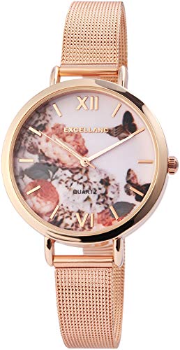 Excellanc Damenuhr Weiß Roségold Blumen Analog Metall Quarz Armbanduhr von Excellanc