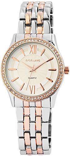 Excellanc Damen-Uhr Metall Gliederarmband Faltschließe Strass Analog Quarz 1800126 (silberfarbig roségoldfarbig) von Excellanc