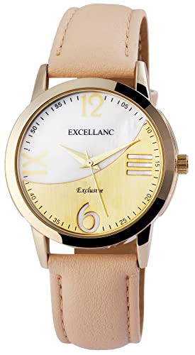 Excellanc Damen Uhr Goldfarbig Quarzwerk Metallgehäuse rund 39mm x 11mm Kunstleder Band Beige 22cm x 20mm Dornschließe Ziffernblatt Mehrfarbig von Excellanc