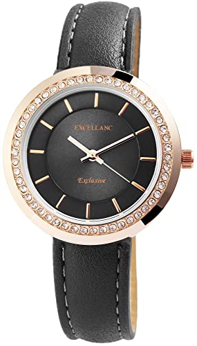 Excellanc Design Damen Armband Uhr Grau Roségold Analog Leder Imitat Strass Crystals Quarz 91900099003 von Excellanc