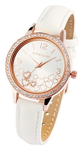 Excellanc Design Damen Armband Uhr Rosègold Rosa Strass Leder Imitat Herz Liebe 91900276002 von Excellanc