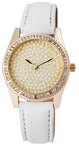 Excellanc Design Damen Armbanduhr Gold Weiß Strass Kristalle Perlen Motiv Leder Imitat Mode Quarz Frauen 9195002000222 von Excellanc