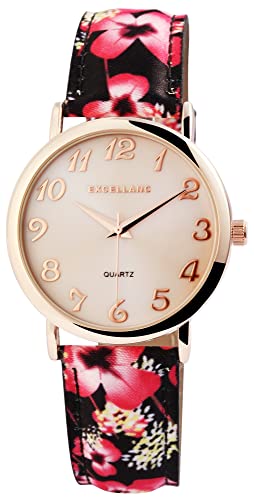 Excellanc Design Mode Damen Armband Uhr Perlmutt Schwarz Rosègold Blumen Motiv Analog Leder Imitat Quarz 91900177005 von Excellanc