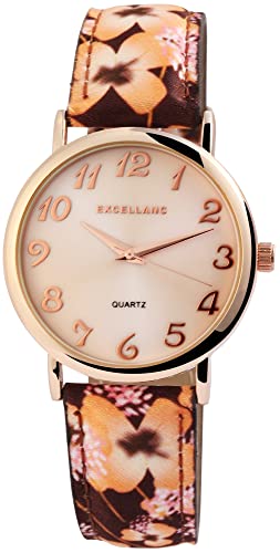 Excellanc Design Mode Damen Armband Uhr Rosa Braun Rosègold Blumen Motiv Perlmutt Analog Leder Imitat Quarz 91900177001 von Excellanc