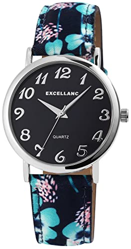 Excellanc Design Mode Damen Armband Uhr Schwarz Blau Blumen Motiv Perlmutt Analog Leder Imitat Quarz 91900177007 von Excellanc