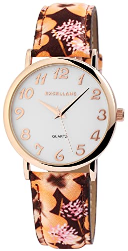 Excellanc Design Mode Damen Armband Uhr Weiß Braun Rosègold Blumen Motiv Analog Leder Imitat Quarz 91900177002 von Excellanc