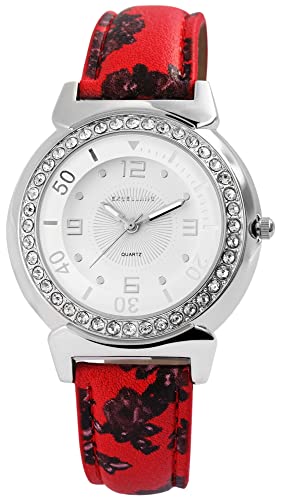 Excellanc Design Mode Damen Armband Uhr Weiß Rot Blumen Motiv Strass Crystals Analog Leder Imitat Quarz 91900178003 von Excellanc