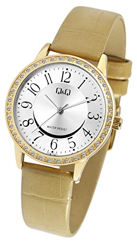 Excellanc Design Q&Q Damen Armband Uhr Silber Beige Gold Analog Kunst Leder Strass Crystals Quarz 3ATM Frauen 9Q04B003PY von Excellanc