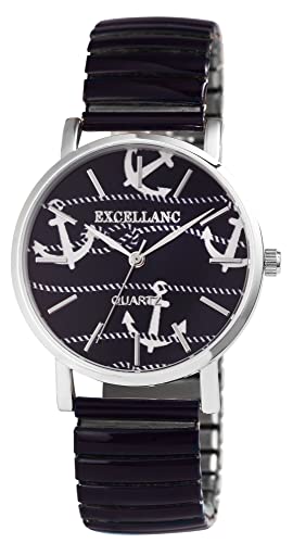 Excellanc Damen-Uhr Edelstahl Zugband Maritim Anker Print Analog Quarz 1700069 von Excellanc