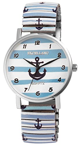 Excellanc Damen-Uhr Edelstahl Zugband Maritim Anker Print Analog Quarz 1700069 von Excellanc