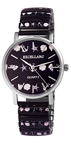 Excellanc Damen-Uhr Edelstahl Zugband Maritim Anker Print Analog Quarz 1700069 von Excellanc