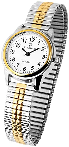 Excellanc Dezente Damen Armband Uhr Weiß Silber Gold Zugband Stretch Klassisch Analog Classique 91700016003 von Excellanc