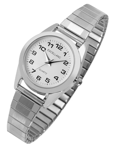 Excellanc Dezente Damen Armband Uhr Weiß Silber Zugband Stretch Quarz 91700040004 von Excellanc