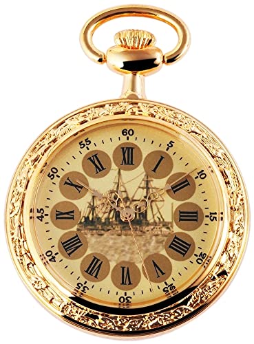 Excellanc Elegante Taschenuhr Gold Schiff Motiv Römische Ziffern Analog Quarz 9485704000014 von Excellanc