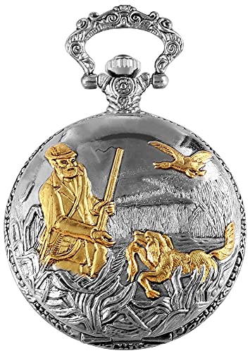 Excellanc Elegante Taschenuhr Jäger Jagd Hund Motiv + Kette und Clip Weiß Silber Gold Analog Sprungdeckel Quarz 94000039001 von Excellanc