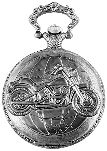 Excellanc Elegante Taschenuhr Motorrad Globus Motiv + Kette und Clip Weiß Silber Analog Sprungdeckel Quarz 94000045002 von Excellanc