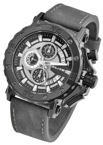 Excellanc Elite Herren Armband Uhr Grau Schwarz Chronograph Echt Leder Analog Datum 92900196003 von Excellanc