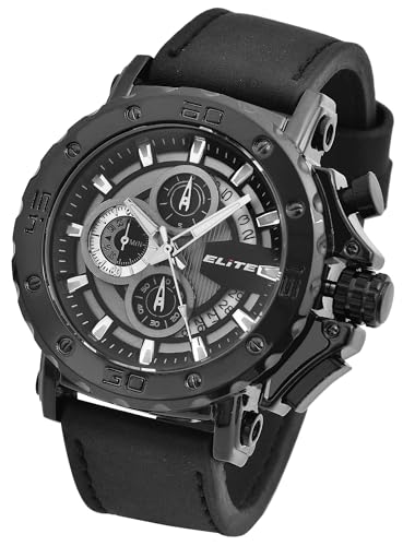 Excellanc Elite Herren Armband Uhr Grau Schwarz Chronograph Echt Leder Analog Datum 92900196004 von Excellanc