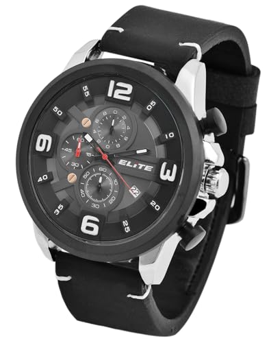 Excellanc Elite Herren Armband Uhr Grau Schwarz Silber Chronograph Echt Leder Analog Datum 92900192001 von Excellanc