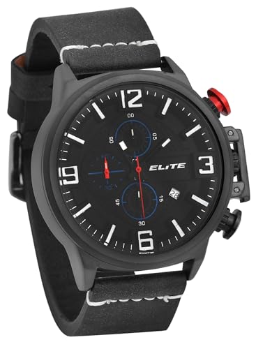 Excellanc Elite Herren Armband Uhr Schwarz Blau Rot Chronograph Echt Leder Analog Datum 92900195003 von Excellanc