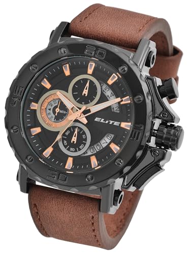 Excellanc Elite Herren Armband Uhr Schwarz Braun Chronograph Echt Leder Analog Datum 92900196002 von Excellanc