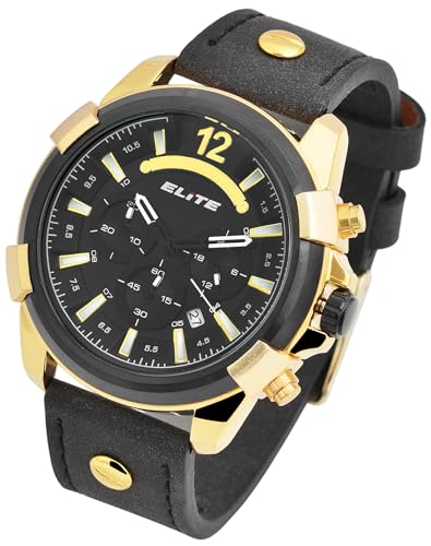 Excellanc Elite Herren Armband Uhr Schwarz Gold Chronograph Echt Leder Analog Datum 92900194001 von Excellanc