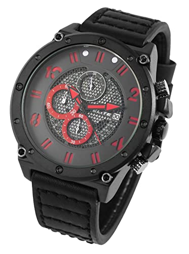 Excellanc Elite Herren Armband Uhr Schwarz Rot Chronograph Echt Leder Analog Datum Quarz 92900219004 von Excellanc