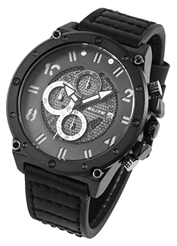 Excellanc Elite Herren Armband Uhr Schwarz Silber Chronograph Echt Leder Analog Datum 92900219003 von Excellanc
